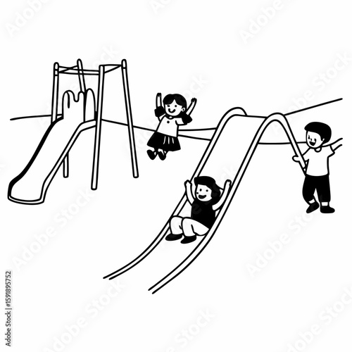 Black and white line art illustration_ Children playing in a playground. Show a kid sliding down a curly slide, two kids on swings, and a group building sandcastles. Dynamic poses, joyful atmosphere, 