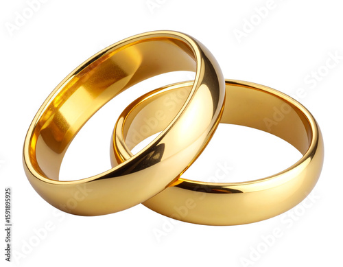  Pair of intertwined gold wedding rings with soft reflections, isolated on transparent background PNG   