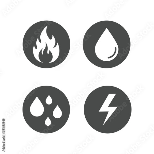 Natural Elements Icons Set Vector, Fire Water Rain Lightning Symbol Pack