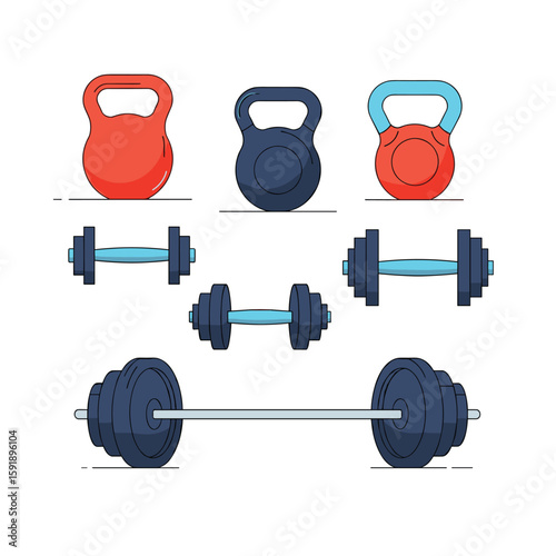 Collection of vintage style dumbbell and kettlebell weights for fitness training exercises