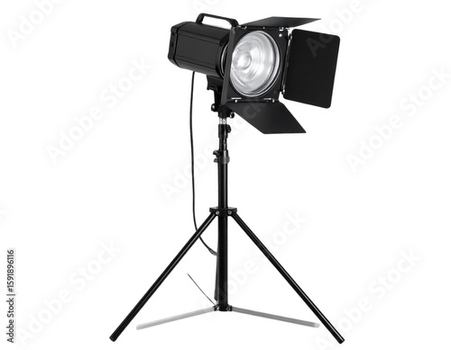  Modern professional LED studio light with barn doors and adjustable stand, isolated on transparent background PNG