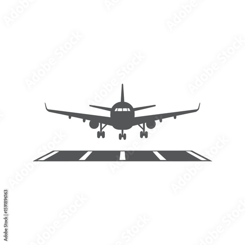 Commercial Airplane Landing on Runway Vector, Aviation Travel Transport Icon