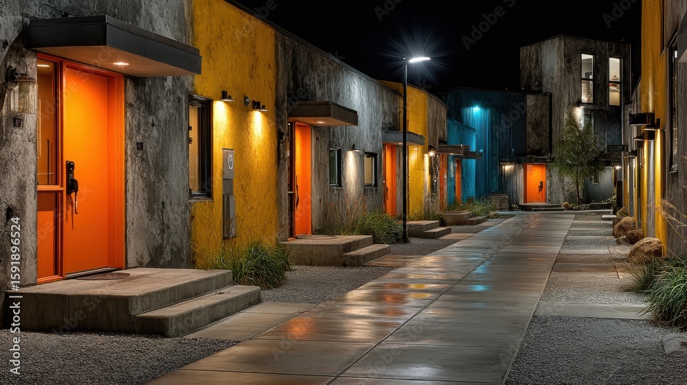 Fototapeta premium Modern Urban Townhouses at Night: Colorful Facades, Orange Doors, and Illuminated Walkway in a Contemporary Residential Area