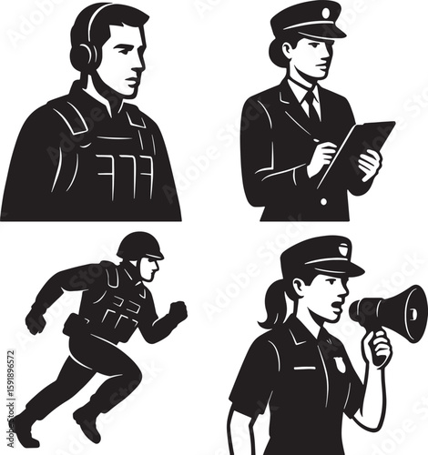 Black and White Soldier Silhouette Vector Set – Military Action Poses