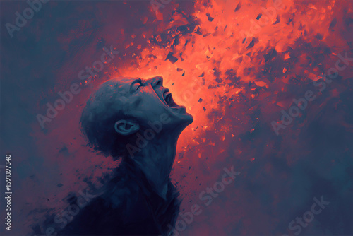 A dramatic and abstract image of a bald person screaming in anguish, with their head and body seemingly disintegrating into fiery orange and red particles, symbolizing intense emotional pain, stress, 