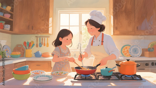 A child cooks alongside their mother, who is a professional chef, in their cozy home kitchen.
