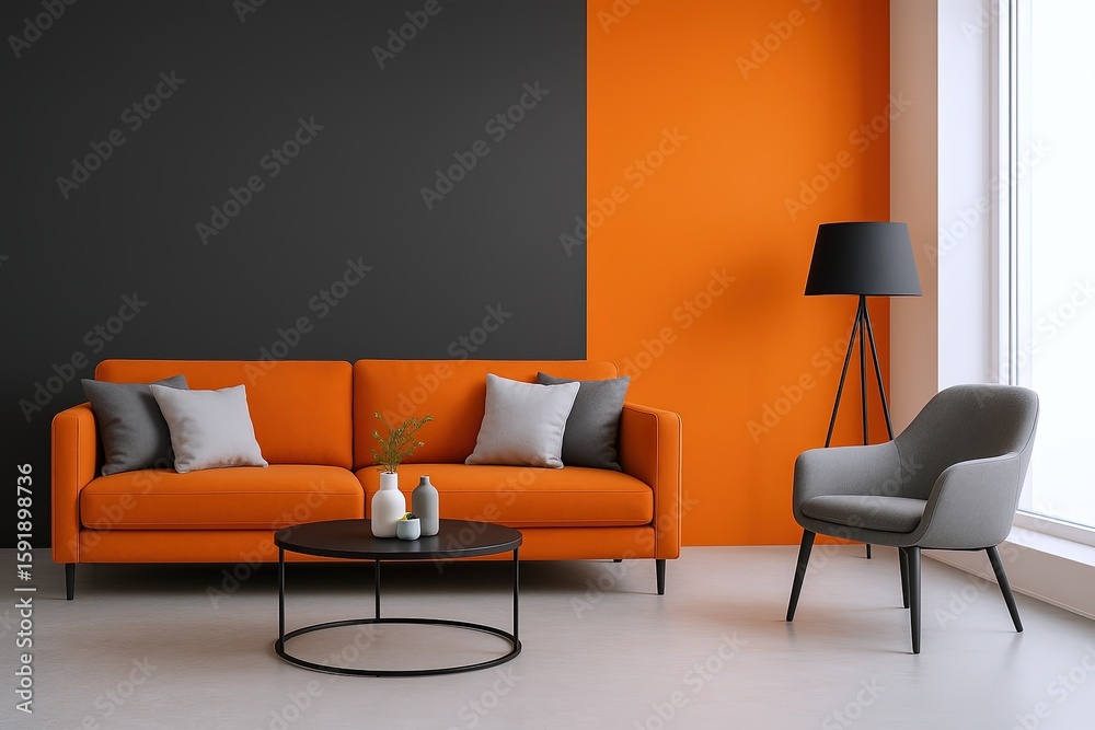 Fototapeta premium Modern living room with orange sofa gray armchair black side table and contemporary decor.