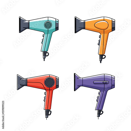 Four colorful hair dryers featuring different colored styling devices for hair drying and styling purposes