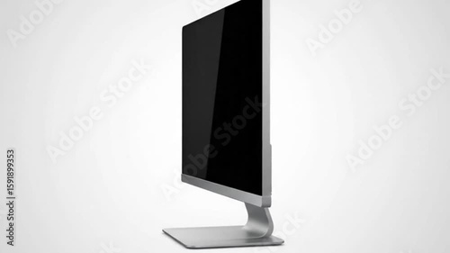 A monitor stands on a sleek silver stand showcasing a darkened screen against a light background