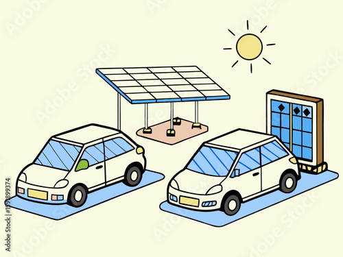 Two electric cars charging at a solar powered charging station under the sun