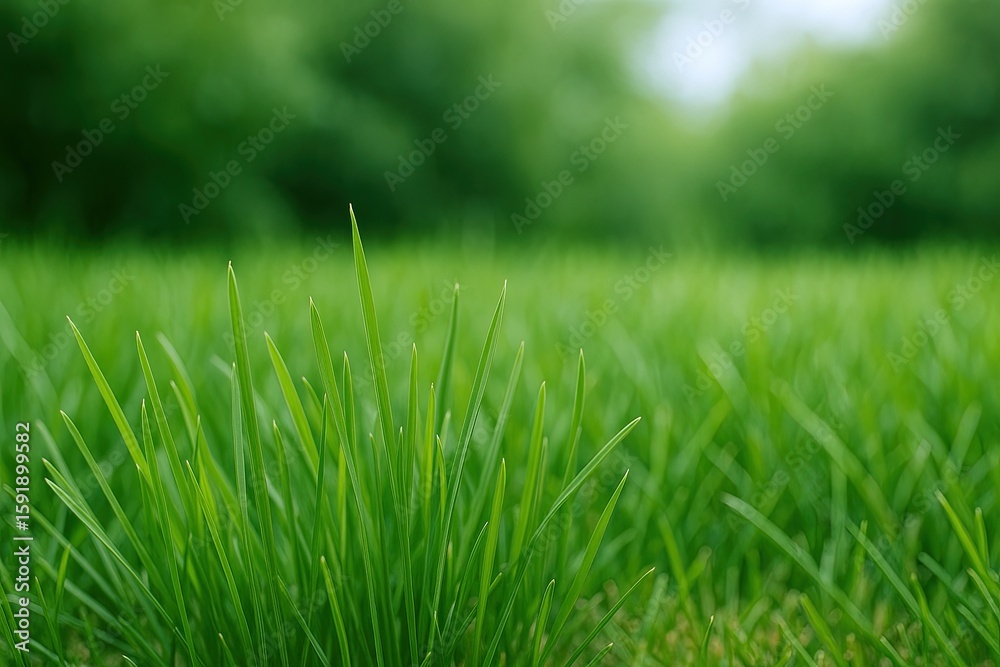 Fototapeta premium Vibrant Green Grass Close-Up with Blurred Natural Background in Bright Light.