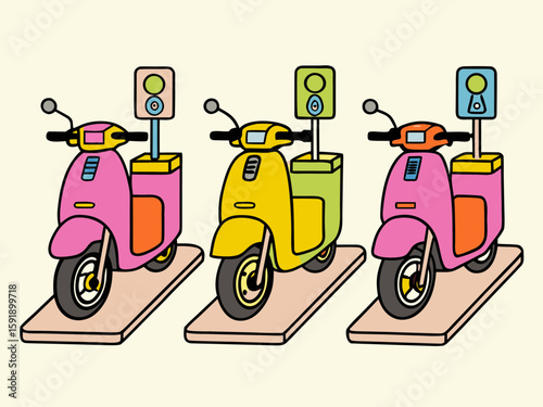 Three colorful electric scooters parked and ready for rent or use