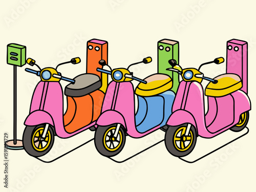 Colorful row of electric scooters parked at charging stations in a city