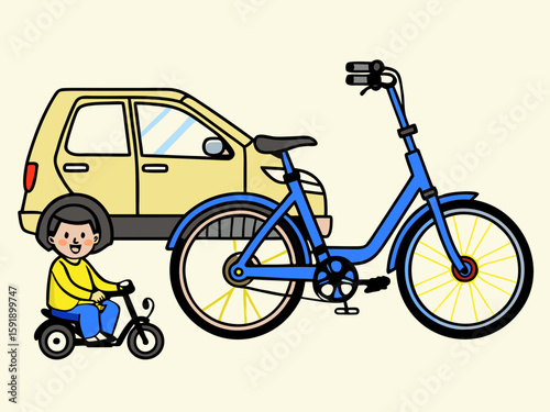 Happy child rides a scooter next to a car and a bicycle