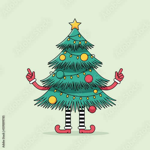 A merry christmas tree character with festive decorations and a playful pose