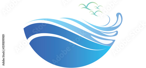 This image features flowing, stylized blue waves against a white background.