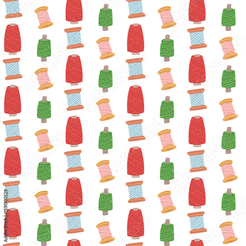 Pattern for sewing themes. Thread wound in colored vertical balls. Seamless flat color texture. Suitable for prints, packaging, website design, advertising, backgrounds. Packaging for handmade items
