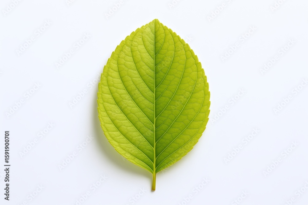 Fototapeta premium Fresh green leaf with detailed veins on white background for botanical and nature themes.