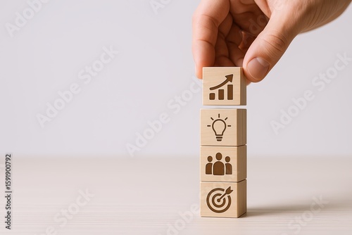 Hand stacking wooden blocks with icons representing growth ideas teamwork and goals.