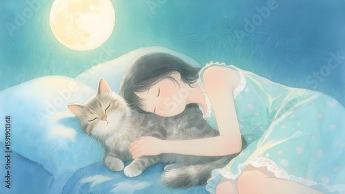 An illustration of a girl sleeping peacefully on her bed, hugging her gray cat closely, while above them a glowing moon shines softly