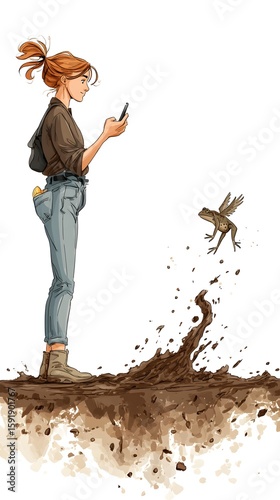 Young woman in casual attire focused on her smartphone, with a frog leaping beside her in a garden
