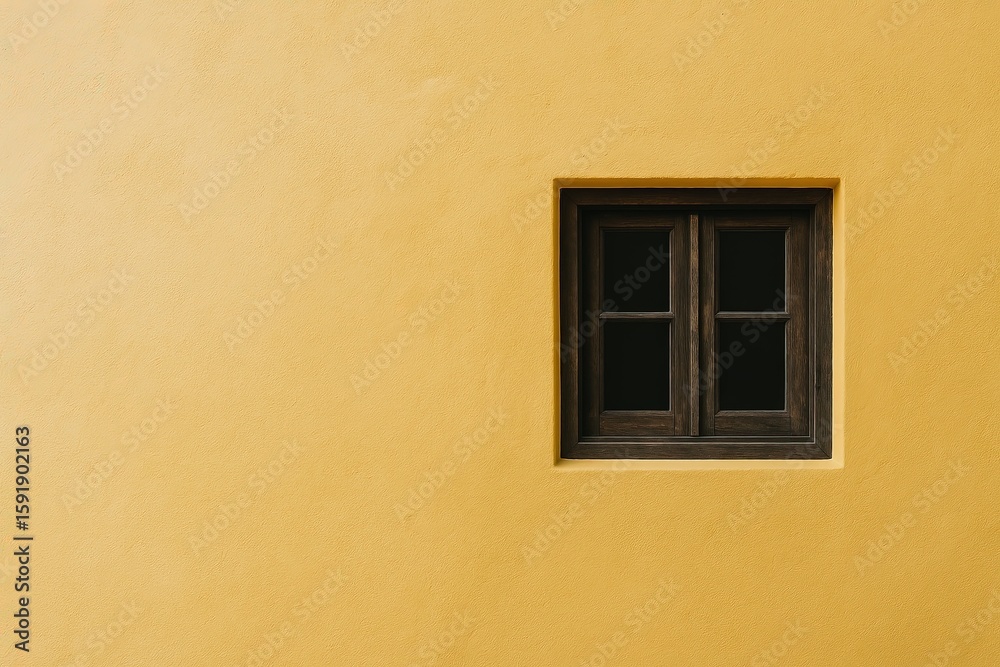 Fototapeta premium Close-up of a small black framed window set in smooth yellow wall with minimal background.