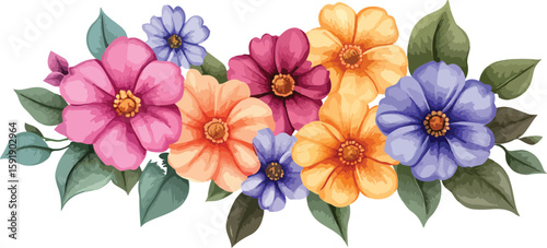 Watercolor Floral Border with Pink Purple Orange and Yellow Flowers