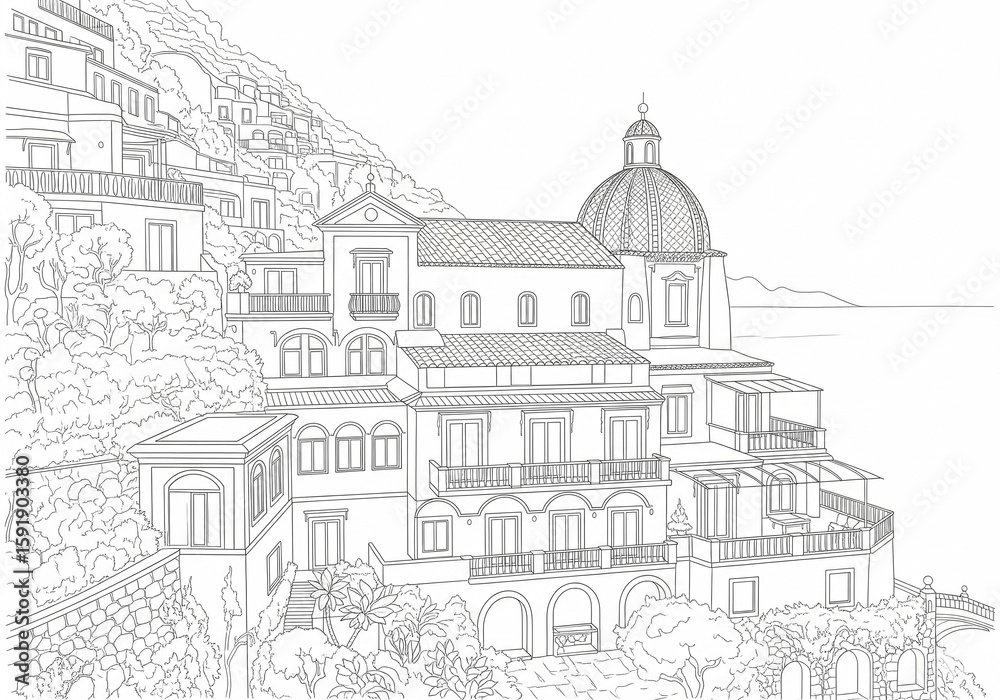 Fototapeta premium Spiaggia di Laurito in Positano one line drawing style