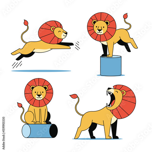 Four distinctly posed cartoon lions performing various actions in a circus setting
