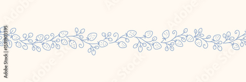 Hand drawn strawberry seamless border with a charming whimsical cottage core design. Soft blue, pastel, and nostalgic, perfect for textiles, wrapping paper, and romantic vintage-inspired decor.