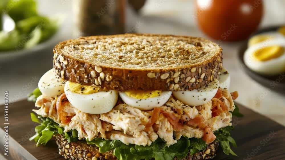Chicken salad sandwich on multigrain bread with hard boiled eggs and fresh lettuce on a wooden board