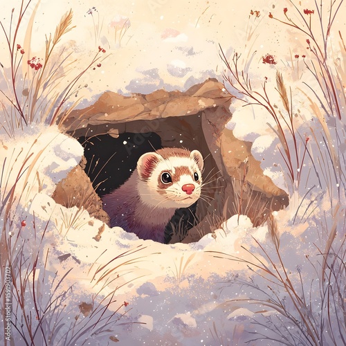 A curious ferret peeking out from a snowy burrow, surrounded by frosty grasses and winter scenery