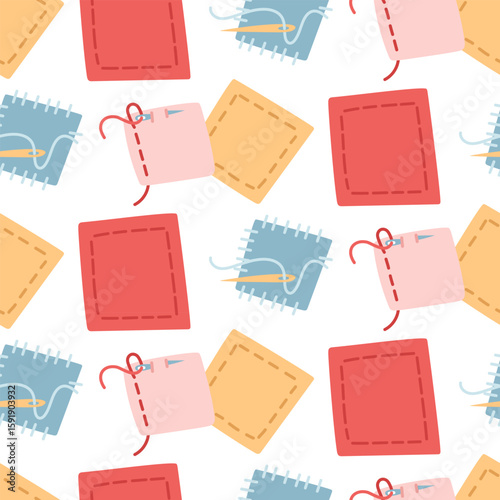Pattern of patches of different fabric with stitches. Badge of fabric of another color, textile label with thread and needle. Patchwork. Shapes on canvas. Seamless colored flat texture. needlework