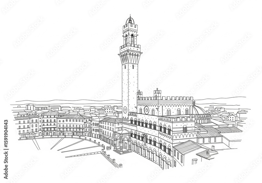 Obraz premium Torre del Mangia in Siena one line drawing style