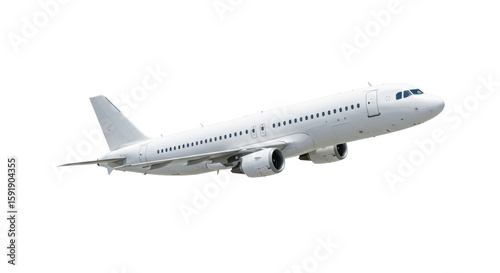 A sleek, modern, white commercial passenger airplane, resembling an A320, in a high-angle aerial view mid-flight, wings angled, against a transparent background with copy space, no shadows, UHD