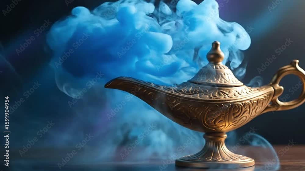 Golden ornate genie lamp emits blue swirling smoke against a dark backdrop