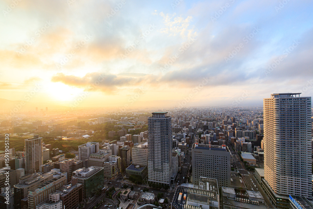 Fototapeta premium Hokkaido, JapanBeautiful Sunrise Over Sapporo City Skyline in Hokkaido Japan