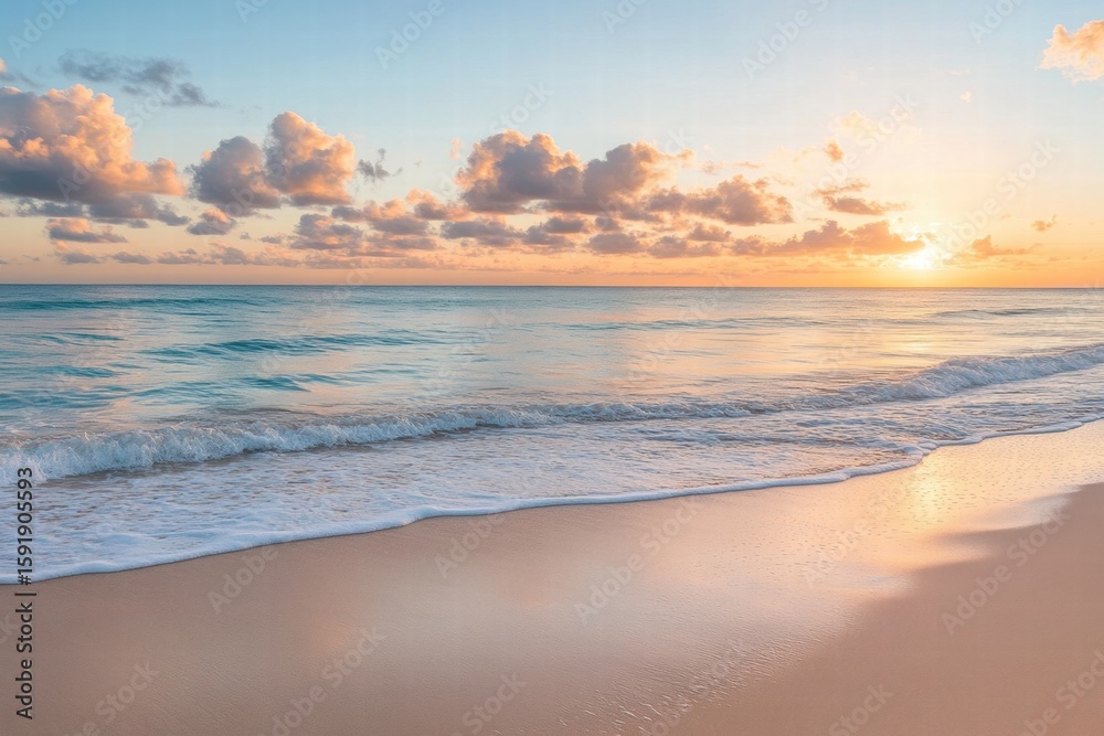 Fototapeta premium Beach during sunset with colorful sky and waves