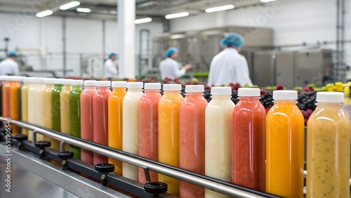 Bottles of colorful fruit juices and smoothies moving along a conveyor belt in modern food production facility