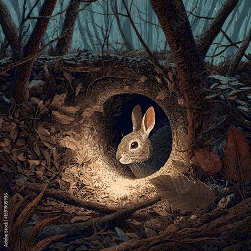 A serene forest scene featuring a rabbit peering out from its burrow surrounded by autumn foliage
