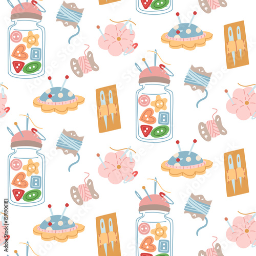 Sewing pattern. Needle case with pins, thread, set of needles, glass jar with buttons. Seamless flat color texture. For packaging, branding of sewing store, chain of tailoring shops, handmade sewing
