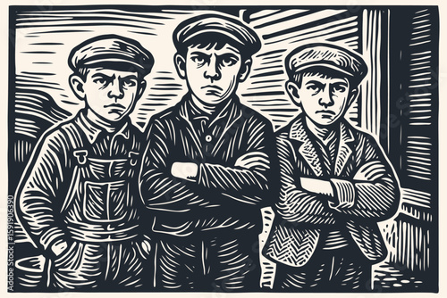 A group of three angry, rebellious boys in vintage clothes. Tough street kids or a gang in a classic retro woodcut or linocut vector print style.