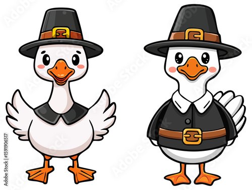 Cartoon geese dressed up as Pilgrims for Thanksgiving, isolated 