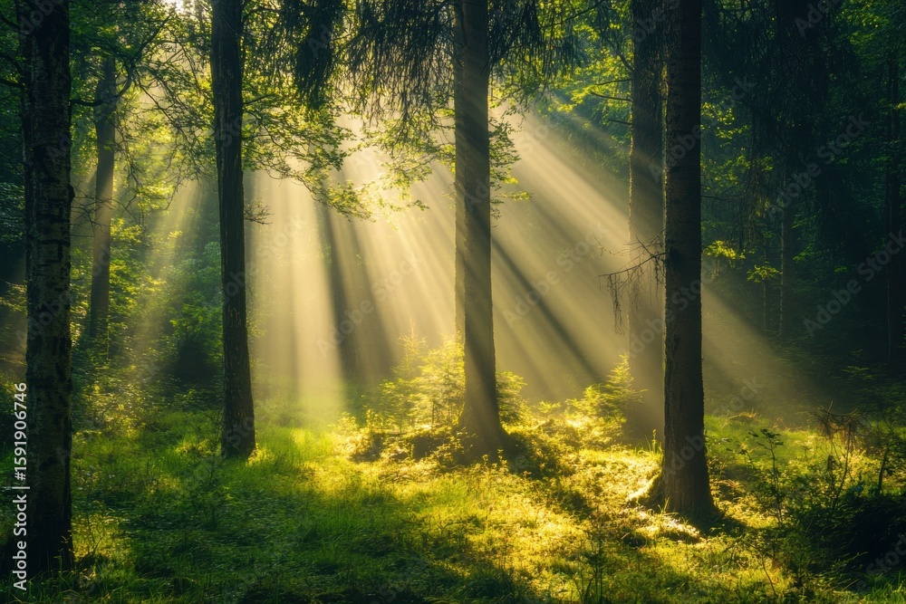 Obraz premium Forest floor lit by warm rays of morning sun