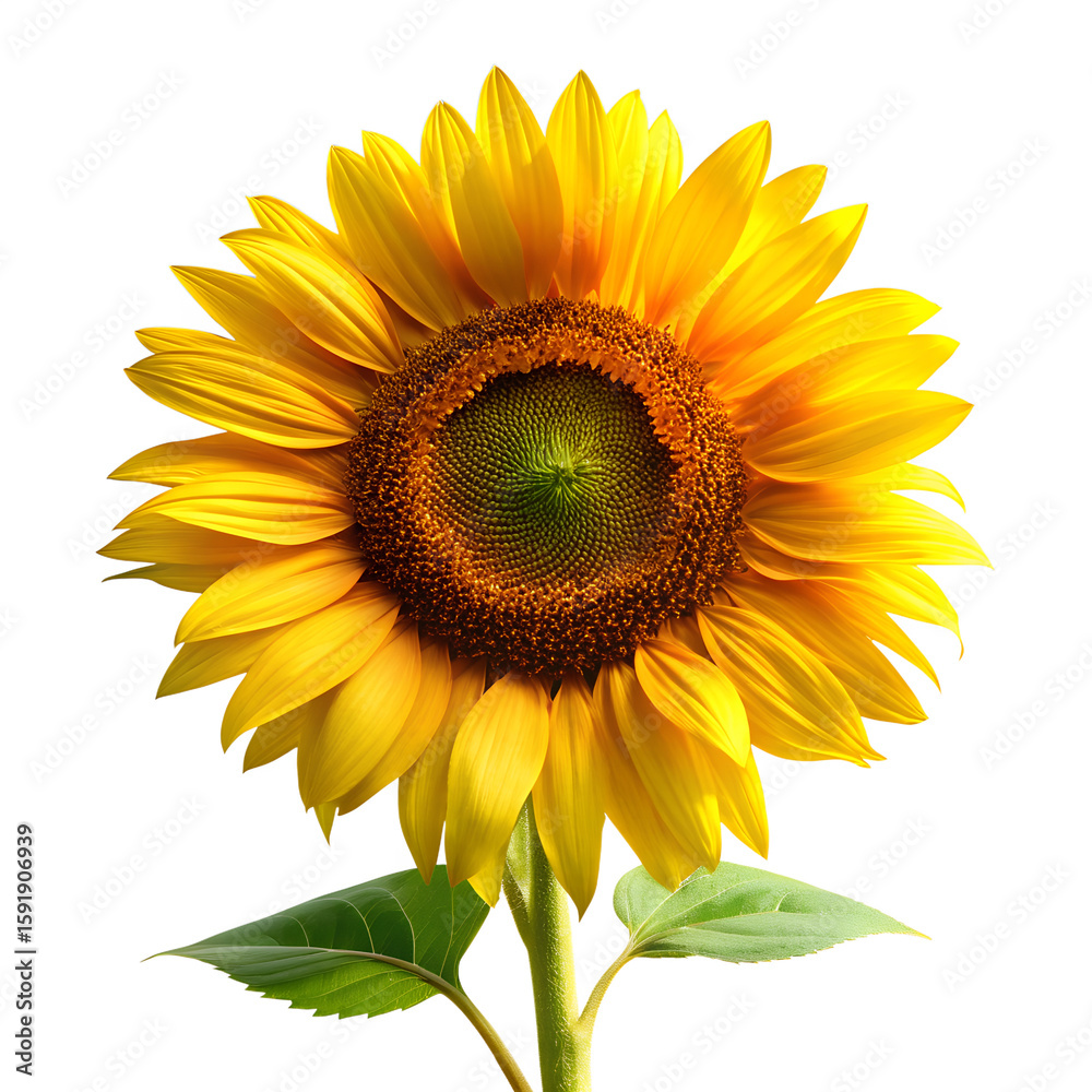 Naklejka premium Sunflower in Bloom: A vibrant, close-up shot showcases a radiant sunflower in full bloom, its bright yellow petals and central disc of seeds exuding warmth and vitality.