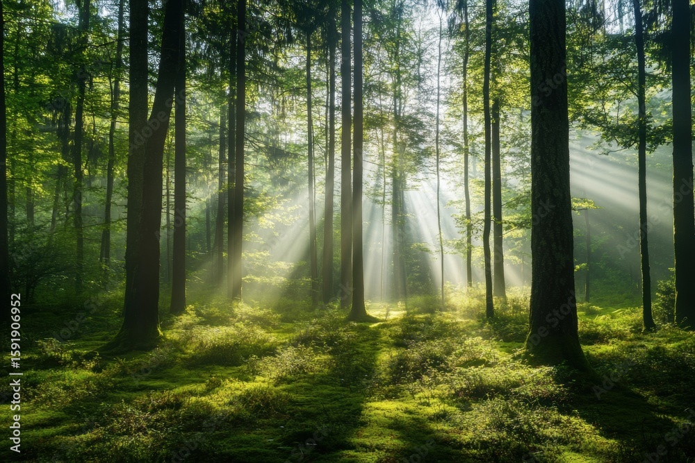 Obraz premium Foggy woods with soft light filtering through trees