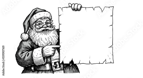 Santa Claus with blank sign and pointing at it, retro style graphic element for modern design, hand drawn black and white vintage ink sketch, vector illustration - ideas for design 2026