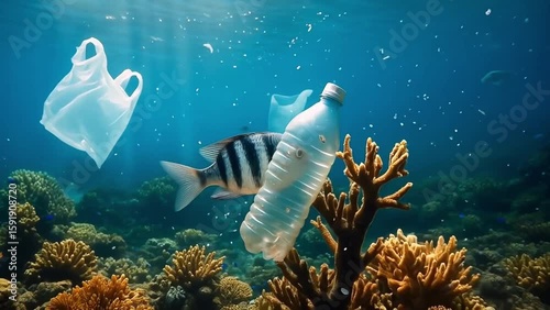 fish swimming in underwater and plastic materials are there. underwater pollution