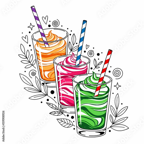 Three colorful smoothies with straws and decorative elements around them