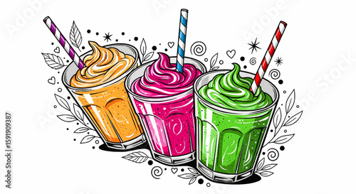 Three colorful smoothies with straws and decorative elements around them
